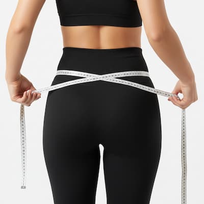 Person wearing black athletic wear measuring waist with tape measure on a white background.