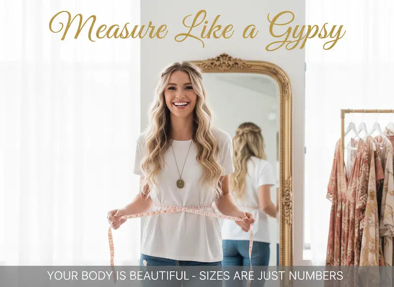 Woman measuring herself with text 'Measure Like a Gypsy' and 'Your body is beautiful, sizes are just numbers'.