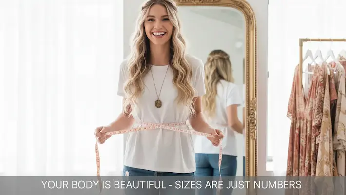 Woman measuring herself in front of a mirror with a quote about body positivity.