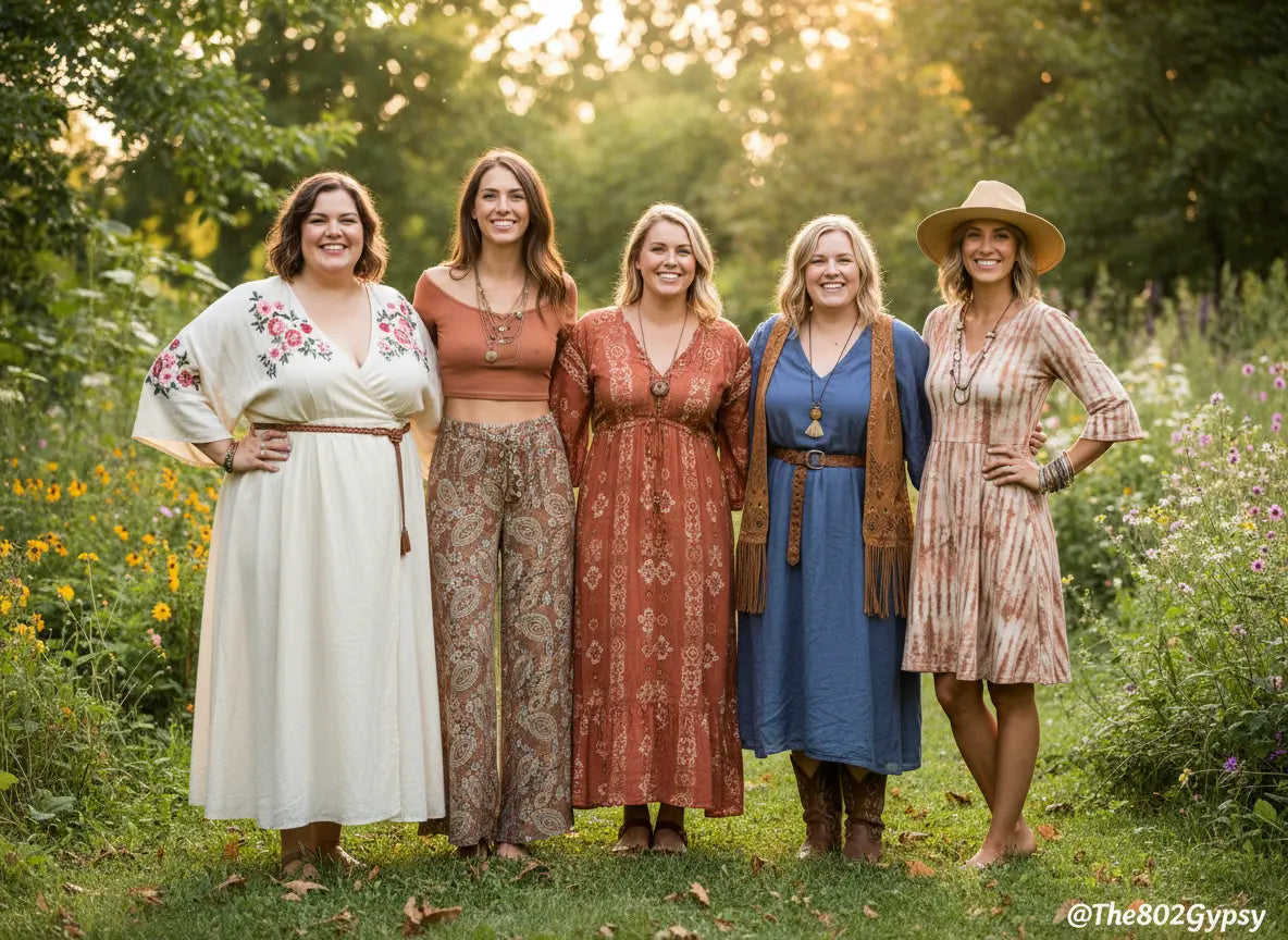 Five women standing in a field of flowers and grass, wearing vintage-style clothing.