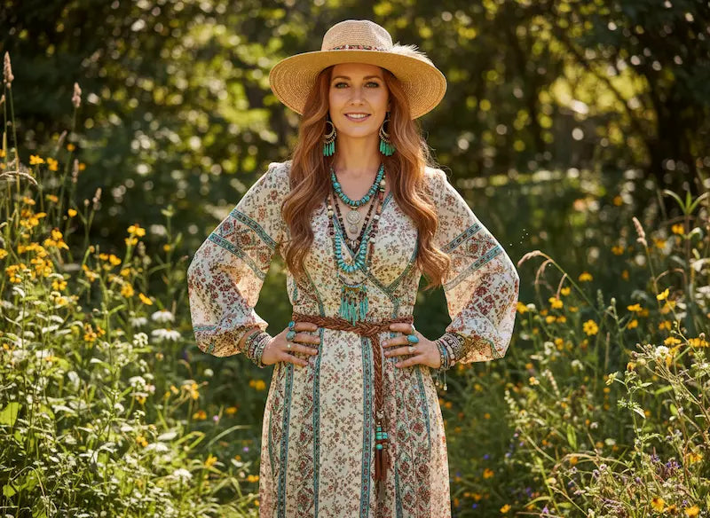 Woman in a patterned dress and hat standing in a field of flowers.