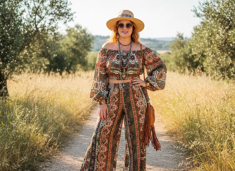 Woman in a patterned outfit and hat standing on a dirt path in a sunlit field.