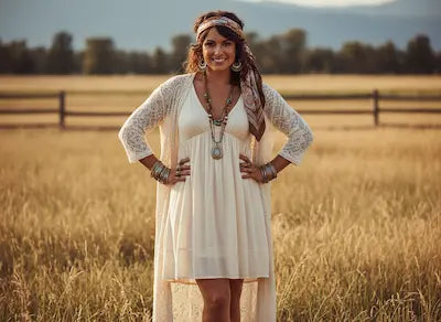 Woman in a white dress standing in a field with mountains in the background.