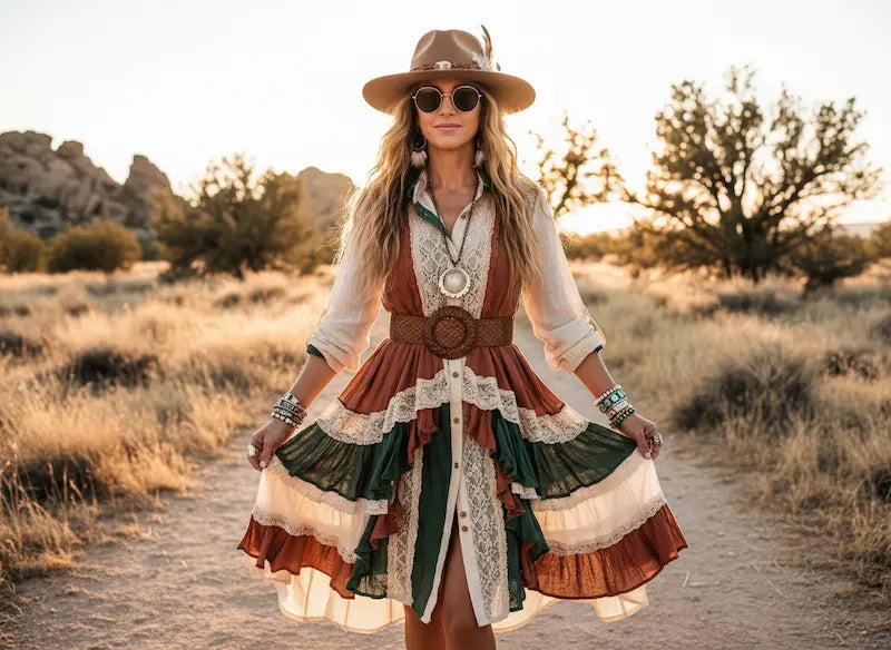Woman in a bohemian dress and hat standing in a desert landscape.