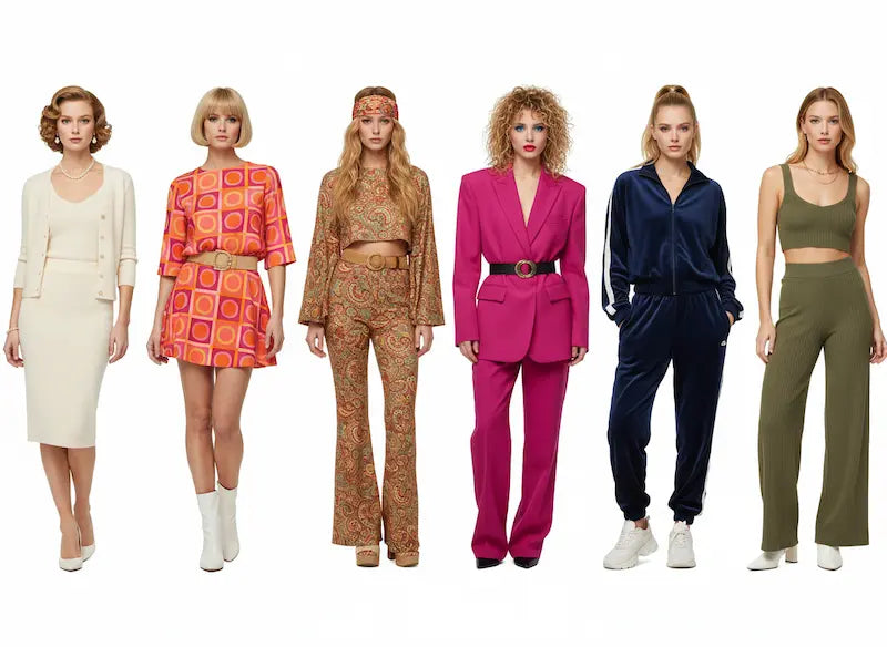 Six women modeling a variety of stylish outfits on a white background, highlighting two-piece sets.