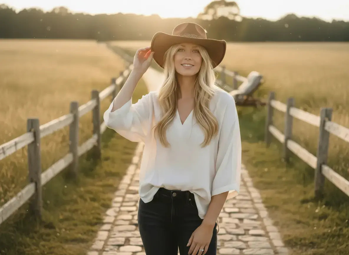 Woman in a white blouse and black hat standing on a stone path in a field with a wooden fence.