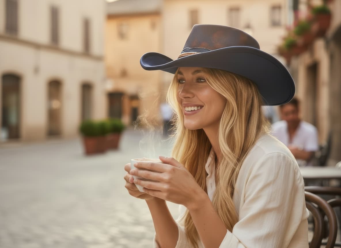 Woman wearing a cowboy hat and holding a steaming cup outdoors.