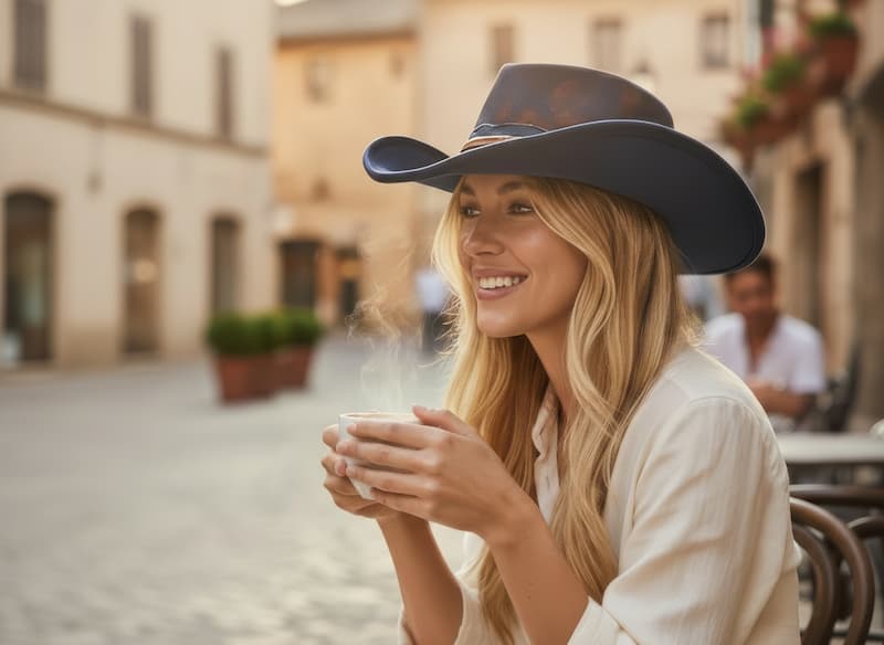 Woman wearing a cowboy hat and holding a steaming cup outdoors.