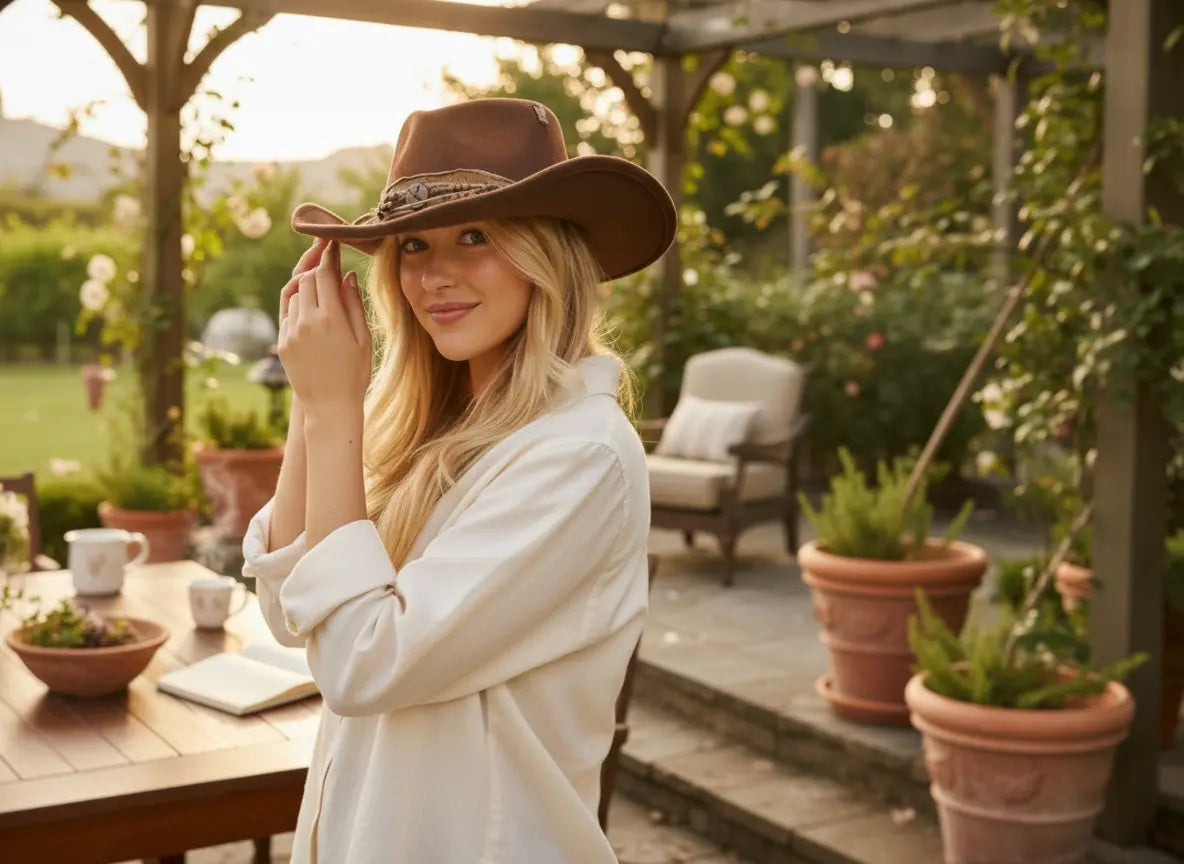 Woman wearing a cowboy hat in an outdoor setting with potted plants and furniture.