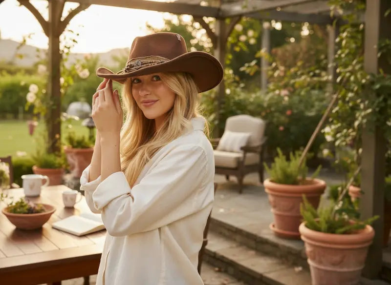 Woman wearing a cowboy hat in a garden setting