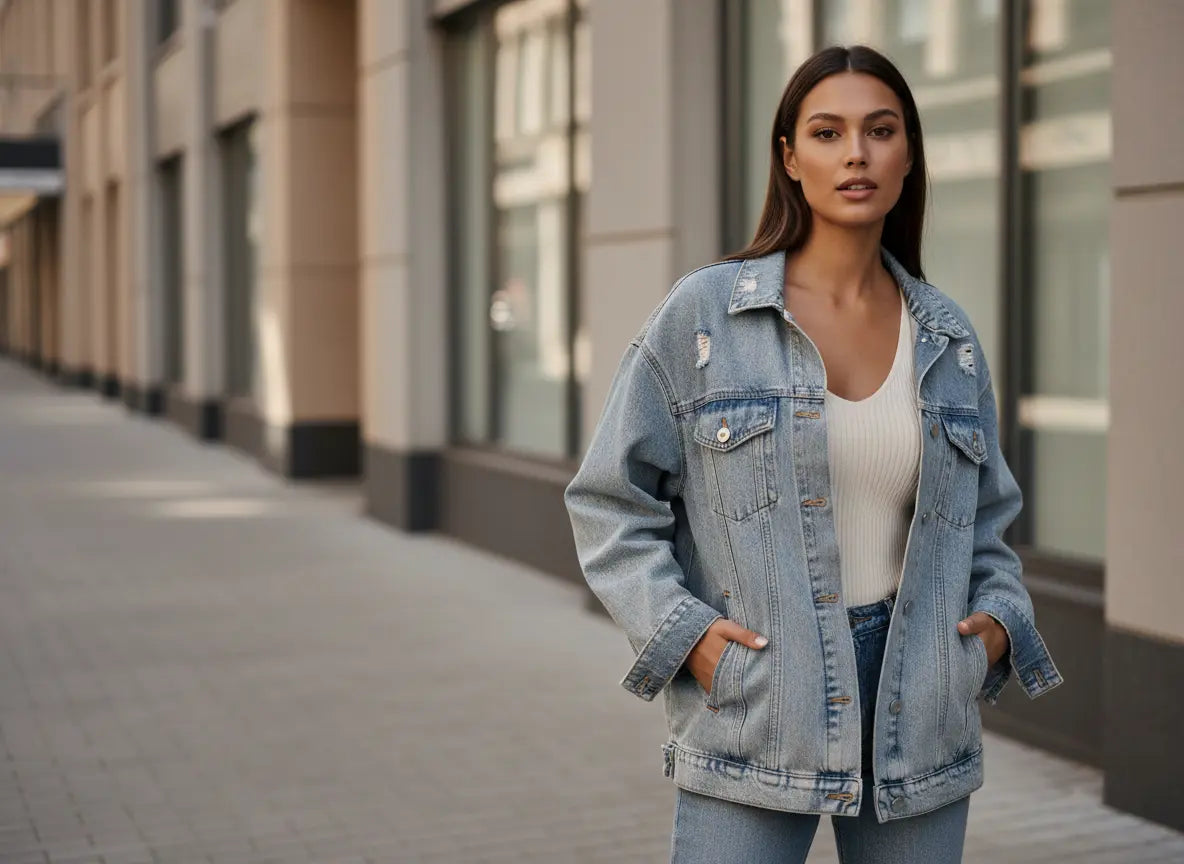 Woman wearing a denim jacket on a city street.