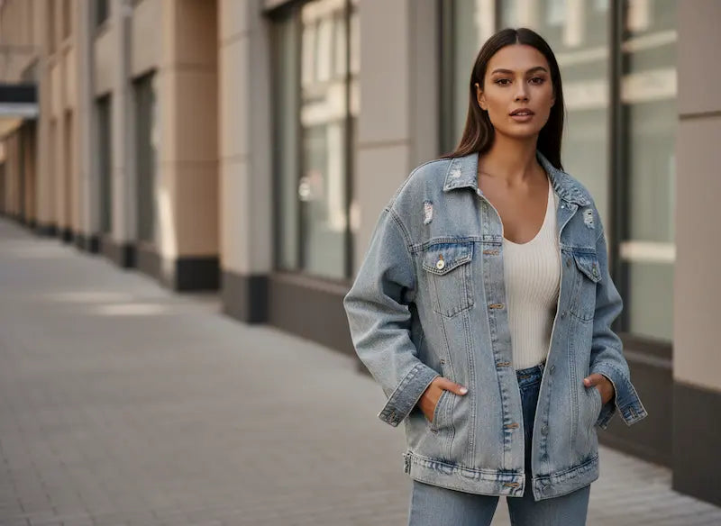 Woman wearing a denim jacket on a city street.