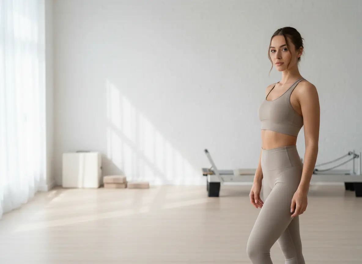 Woman in beige athletic wear standing in a Pilates studio.