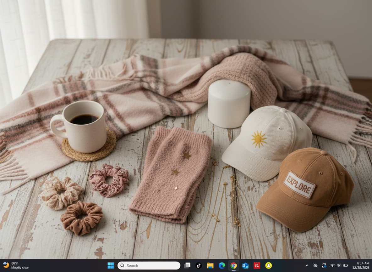 Cappuccino, scarf, gloves, and hats on a wooden table with a blurred background.