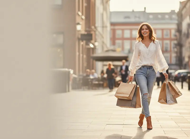 Woman walking down a city street with shopping bags, smiling.