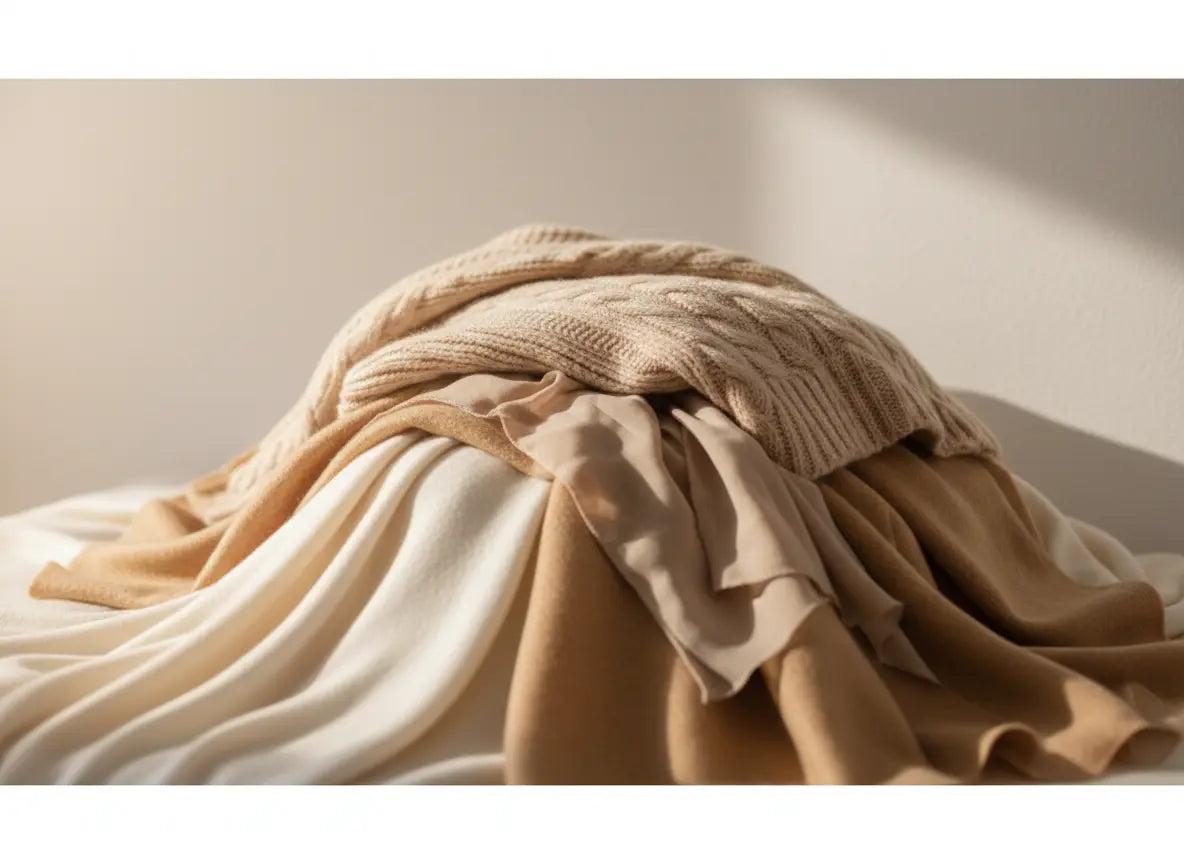 Stack of beige and brown blankets on a neutral background.