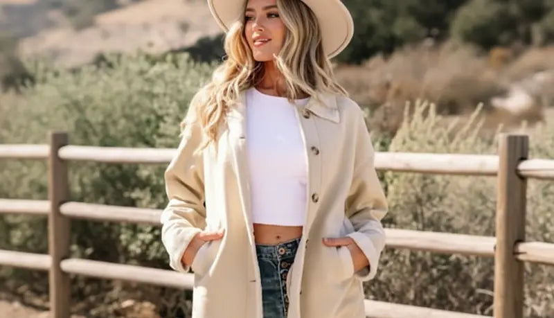 Woman wearing a beige coat and white top in a natural setting with a wooden fence and greenery.