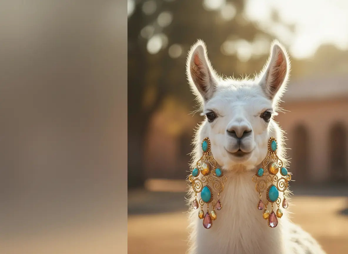 Llama wearing decorative earrings with a blurred background.