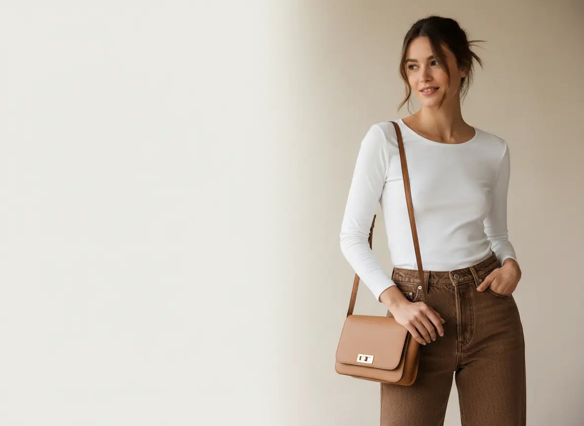 Woman holding a brown leather handbag against a plain background.