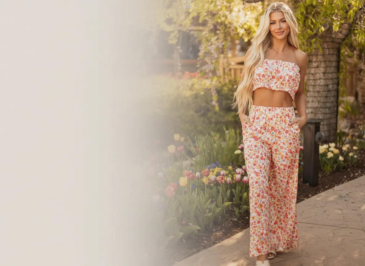 Woman in a floral outfit standing in a garden.