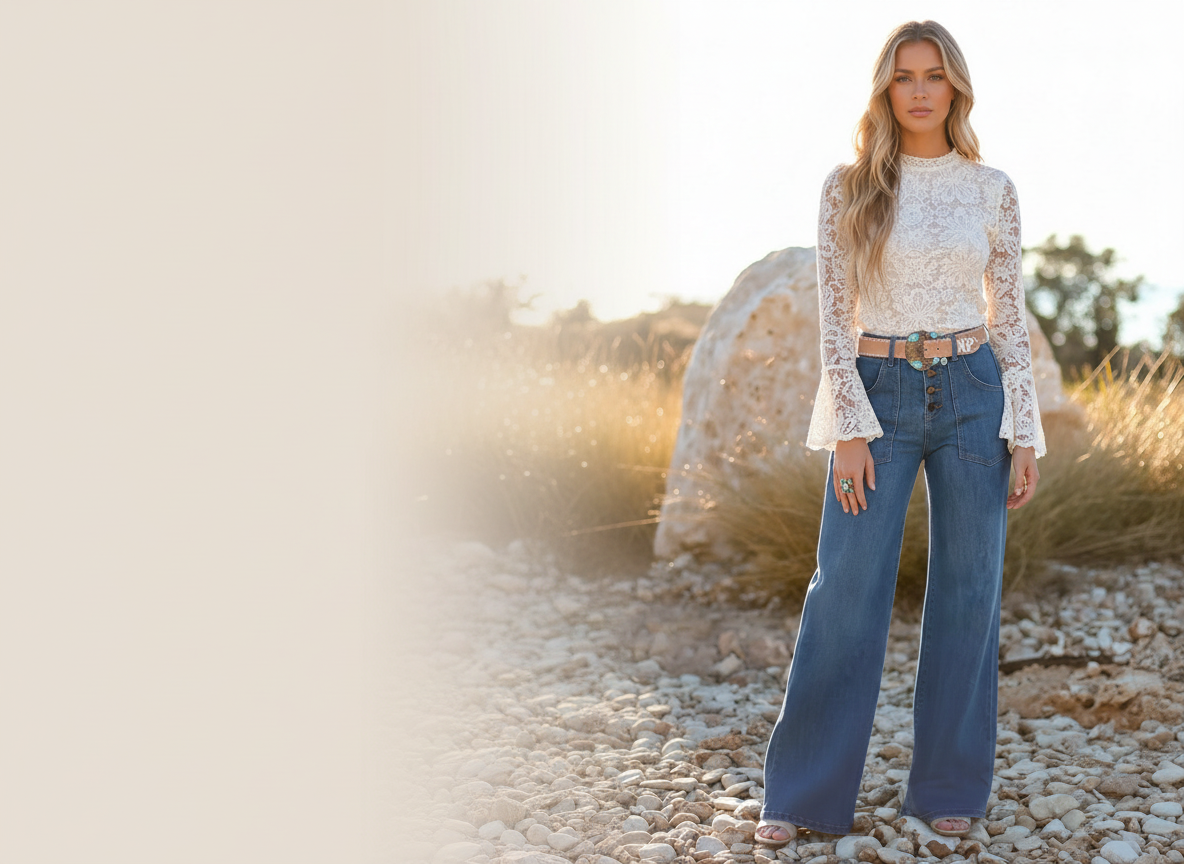 Woman in a white lace top and blue jeans standing in a sunlit field.