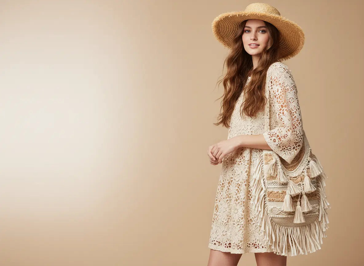 Woman wearing a lace dress and straw hat against a beige background.