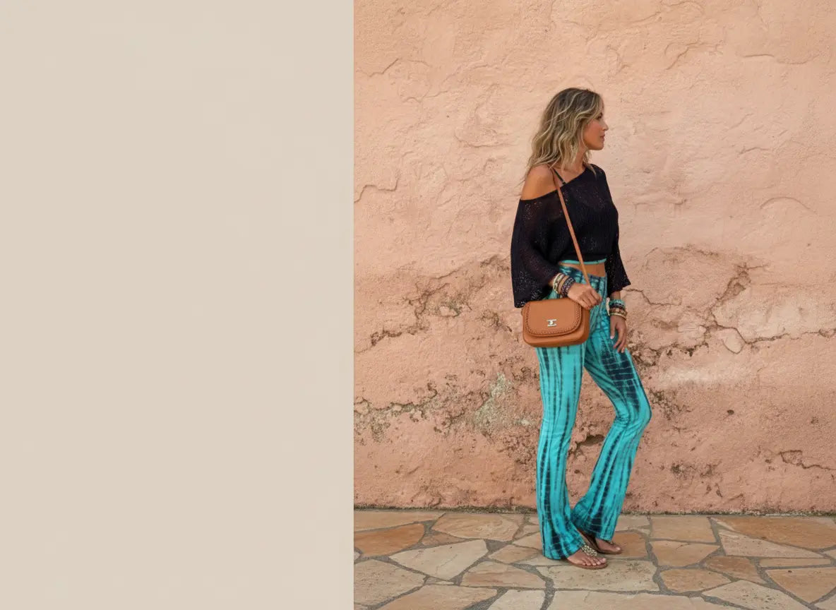 Woman in black top and turquoise pants standing against a textured wall.