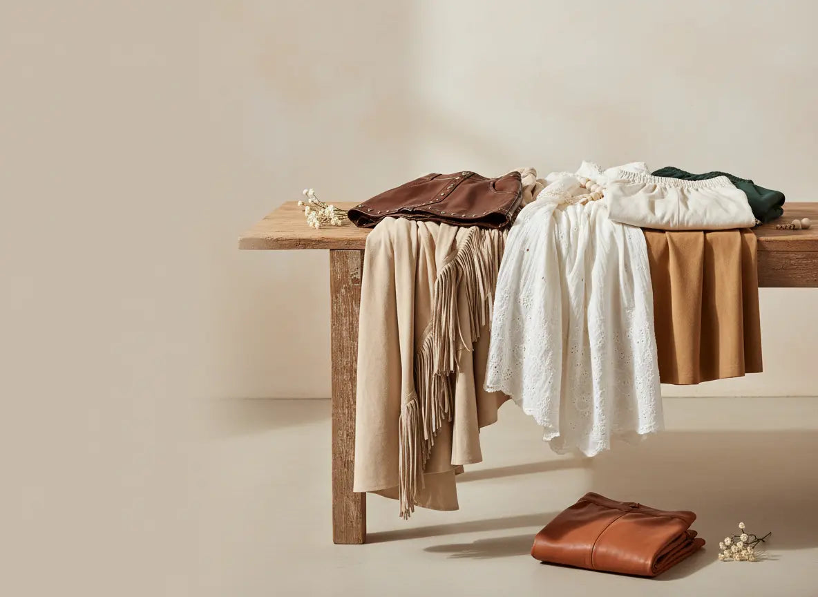 Wooden table with folded clothes on a plain background.