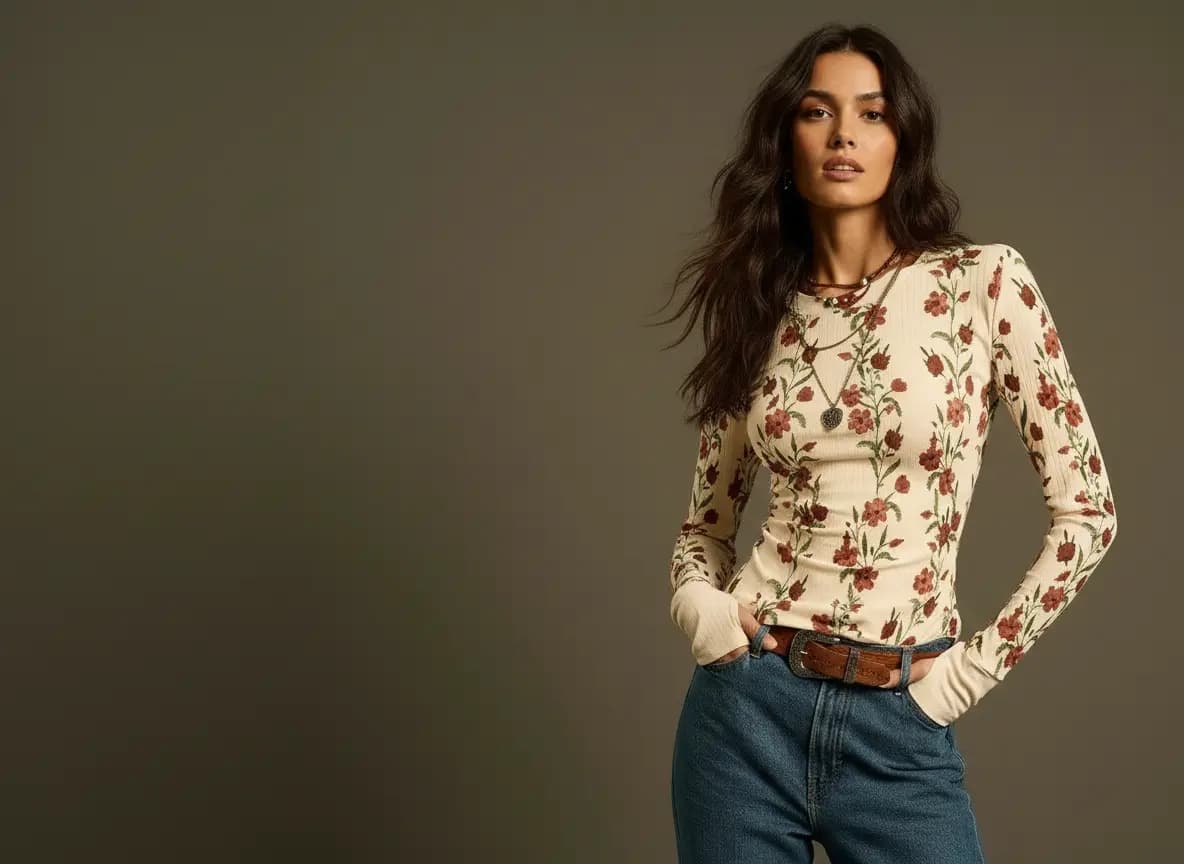 Woman wearing a floral blouse and blue jeans against a gray background.