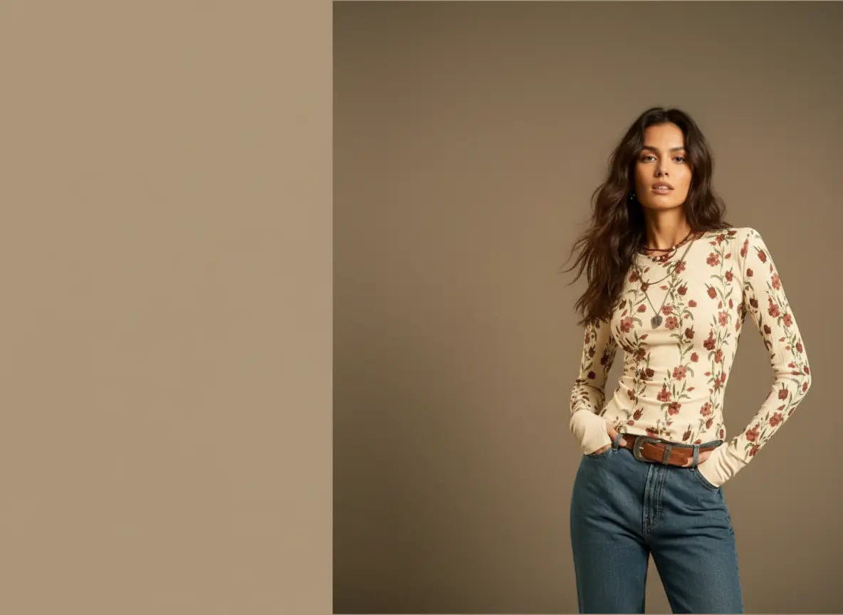 Woman wearing a floral blouse and jeans against a beige background.