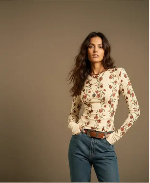 Woman wearing a floral long-sleeve shirt and jeans against a brown background,