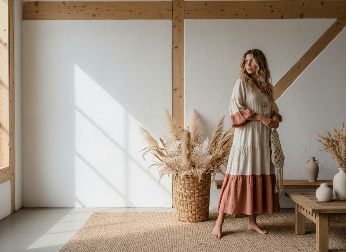 Woman in a long dress standing in a room with wooden beams and natural decor.