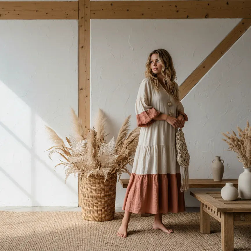Woman in a layered dress standing in a room with wooden beams and decorative plants.