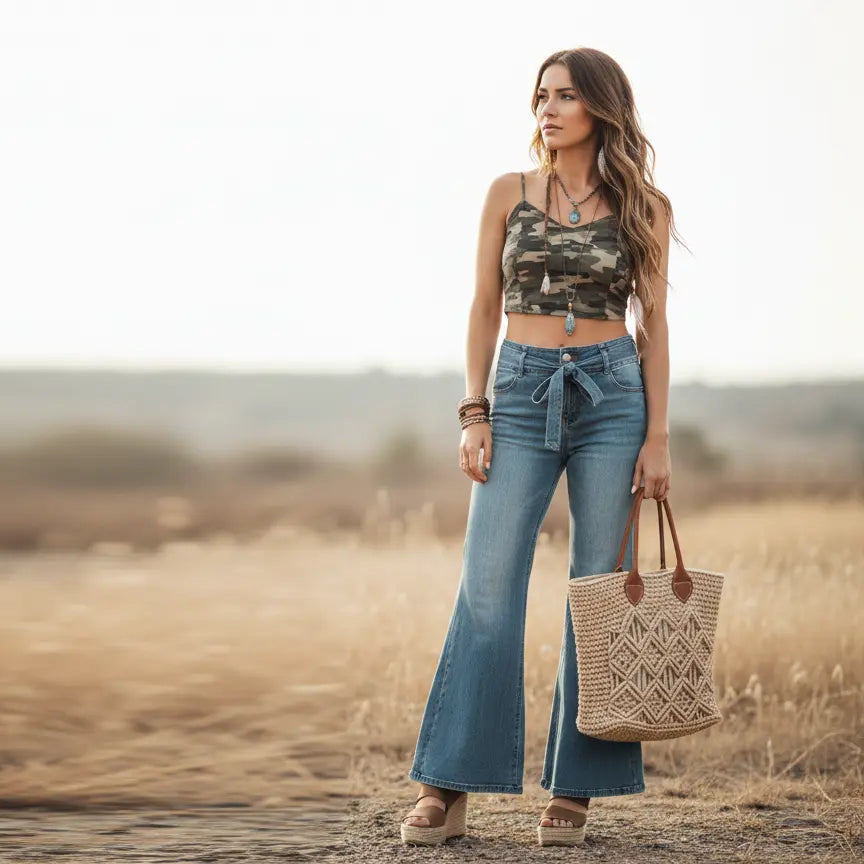 Woman in a camouflage top and blue jeans standing in a field with a woven bag.