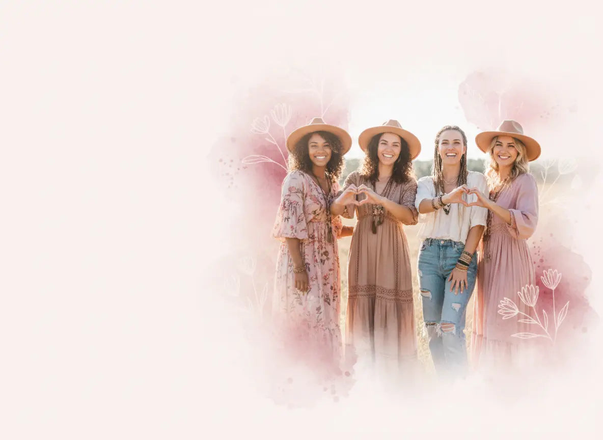 Three women standing together with a soft, blurred background.