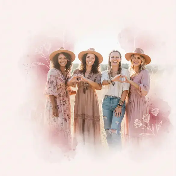 Four women standing together with a decorative floral overlay on a light background.