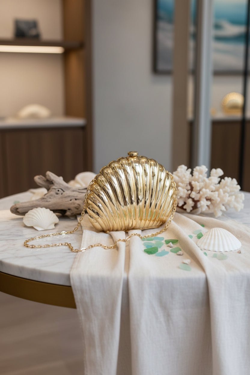 Acrylic Seashell Box Clutch With Chain - Trendy in Gold for Women | The802Gypsy