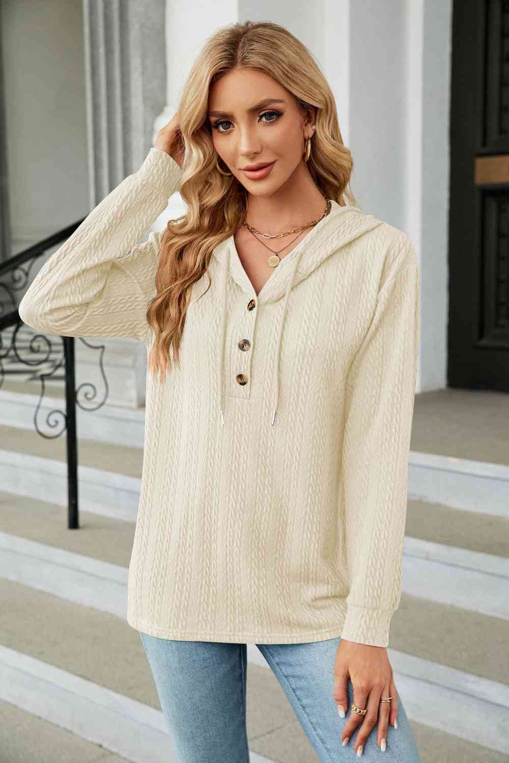 Trendsi hoodie Ivory / S Gypsy Lande Cable-Knit Long Sleeve Hoodie