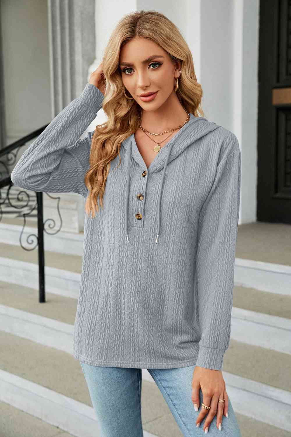 Trendsi hoodie Cloudy Blue / S Gypsy Lande Cable-Knit Long Sleeve Hoodie