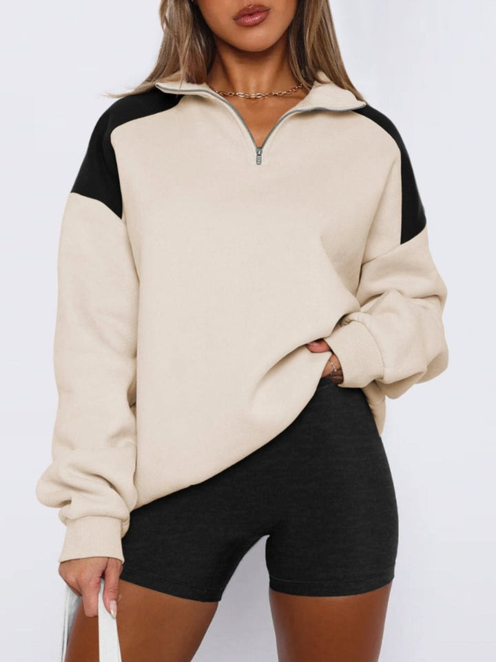 The802Gypsy Tops/Sweatshirts & Hoodies Tan / S GYPSY-Contrast Quarter Zip Long Sleeve Sweatshirt