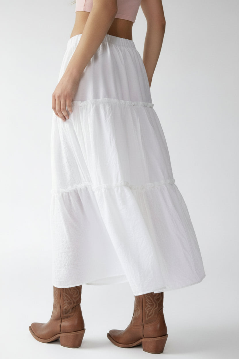 Elastic Waist Midi Skirt - Trendy Bottoms/Skirts in White for Women | The802Gypsy