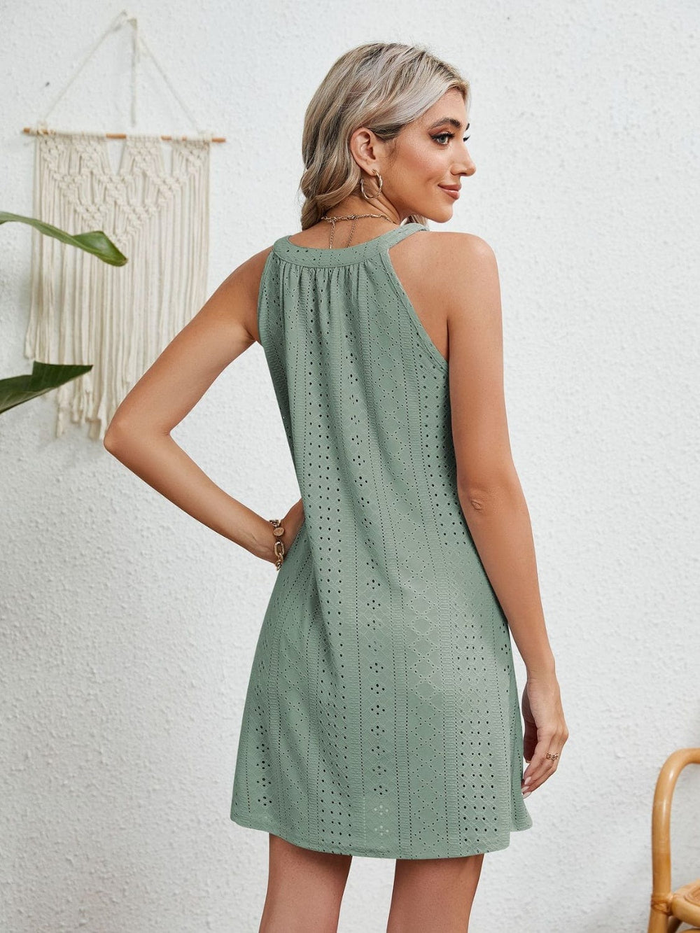 Eyelet Grecian Neck Mini Dress - Trendy clothing/dresses in Sage Green for Women | The802Gypsy