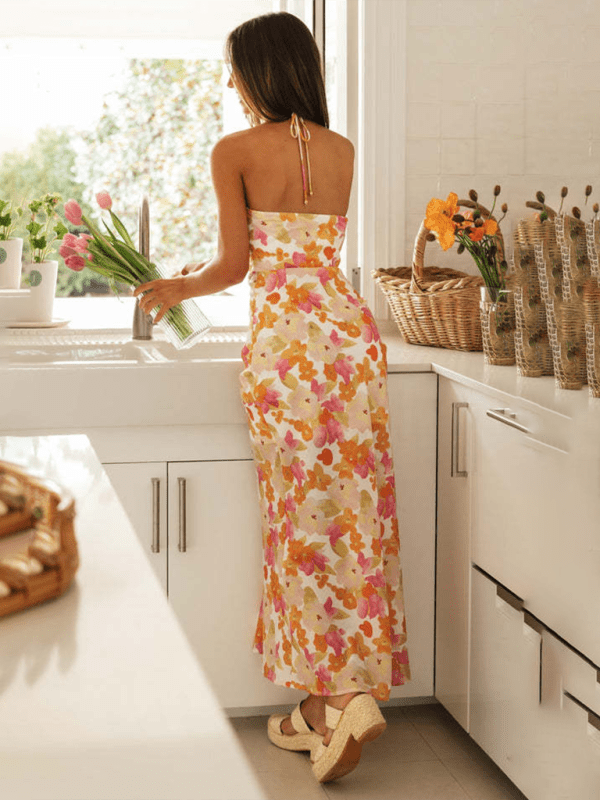 Floral Halter Neck Backless Dress - Trendy Dress/floral in Orange for Women | The802Gypsy