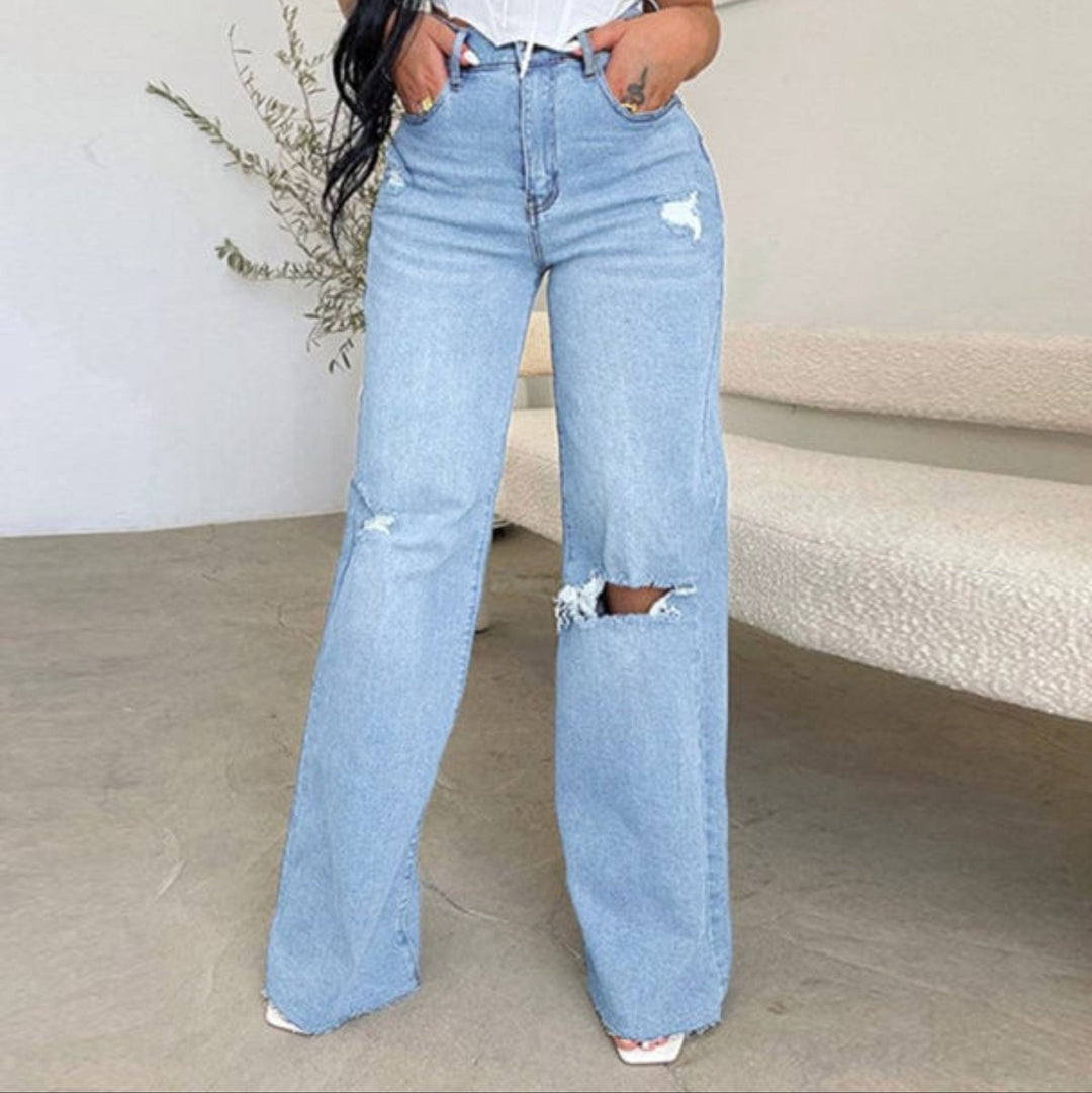 The802Gypsy Bottoms/Jeans Light  Blue / S GYPSY GIRL-High Waist Ripped Wide Leg Jeans