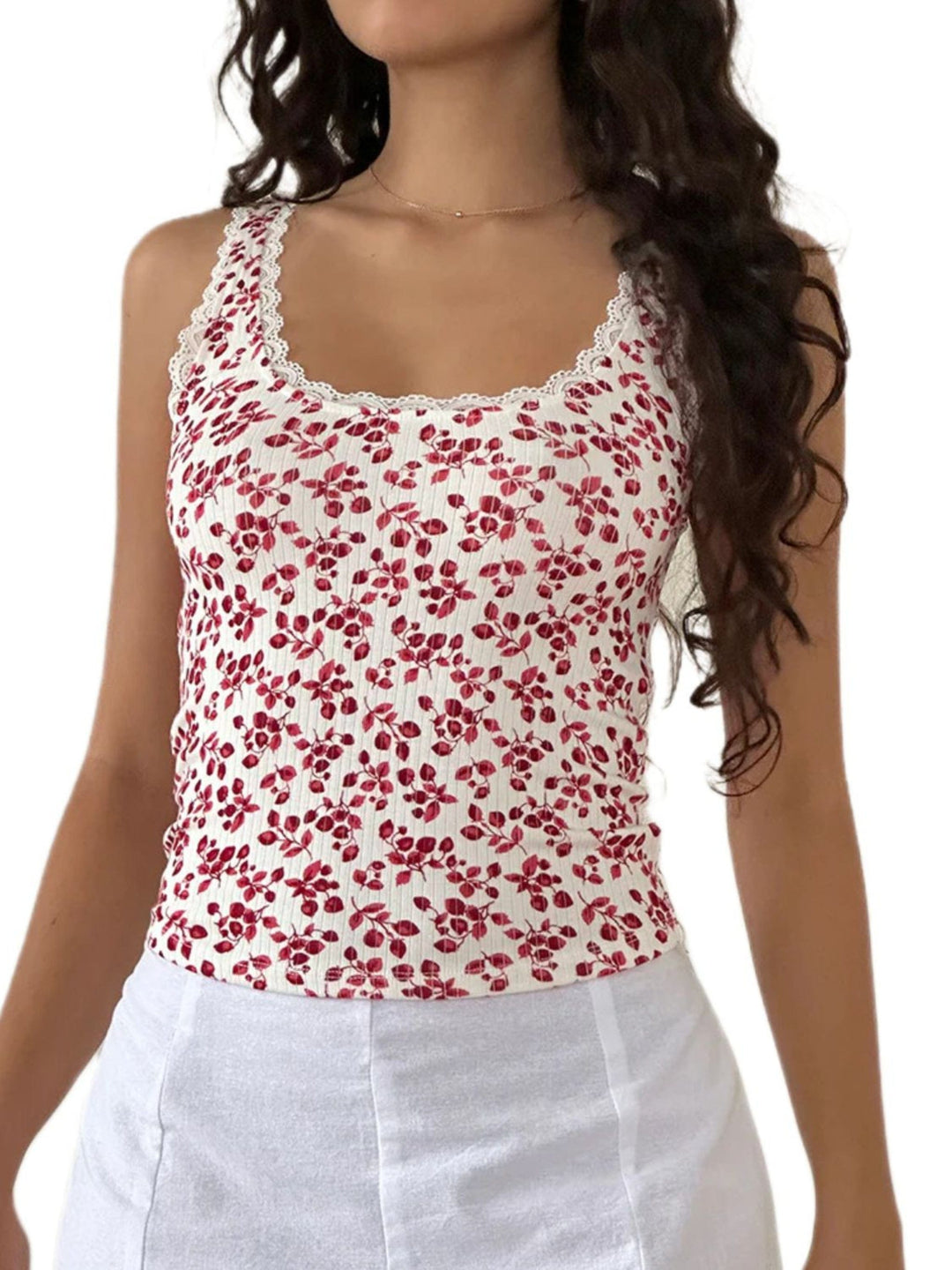 The802Gypsy-GYPSY Tops/Tank Tops Floral / S GYPSY - Lace Detail Scoop Neck Tank