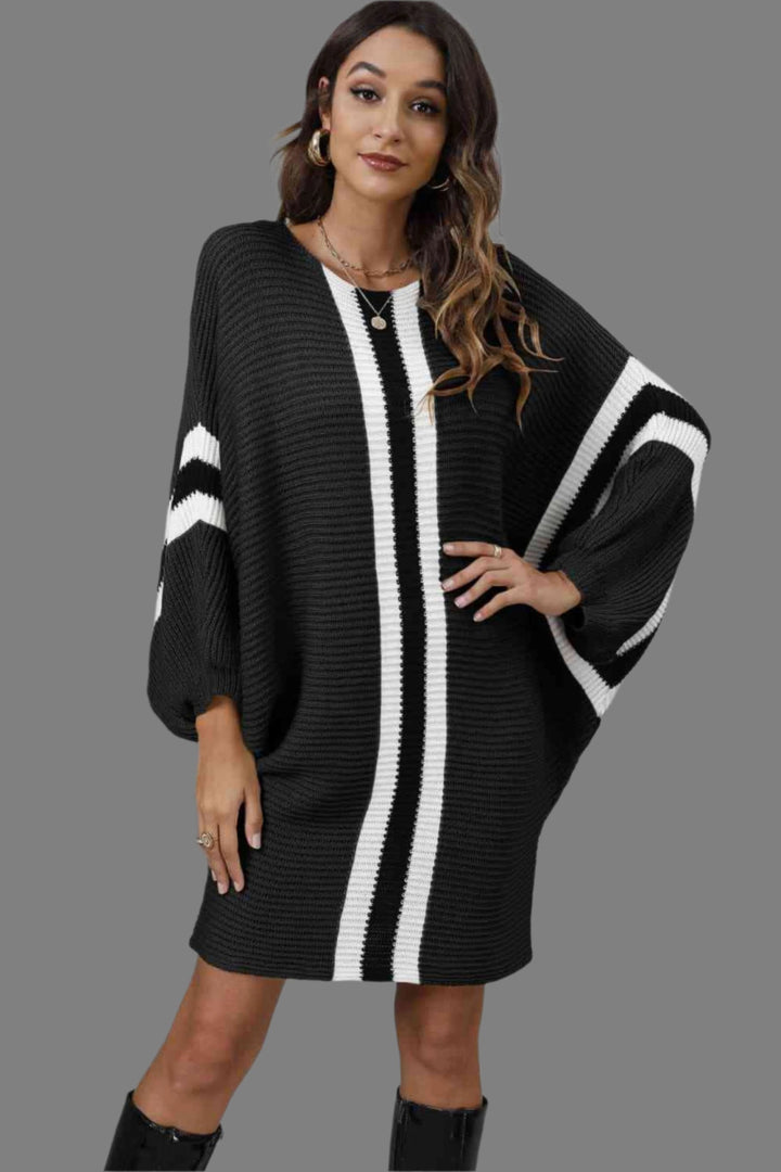 Trendsi Dresses Black / S Gypsy Oven Ribbed Round Neck Sweater Dress