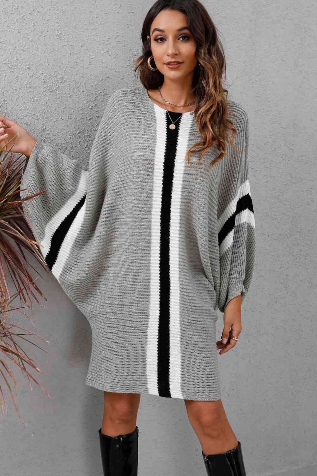 The802Gypsy Dresses Light Gray / S Gypsy Oven Ribbed Round Neck Sweater Dress