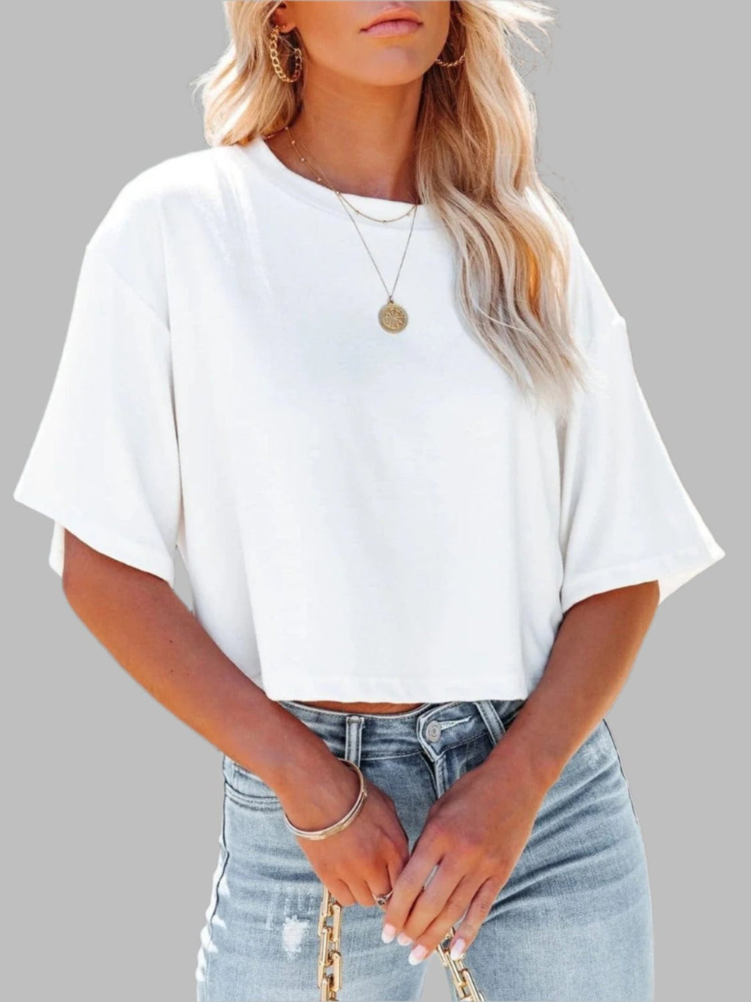 The802Gypsy shits and tops White / S GYPSY-Round Neck Half Sleeve T-Shirt