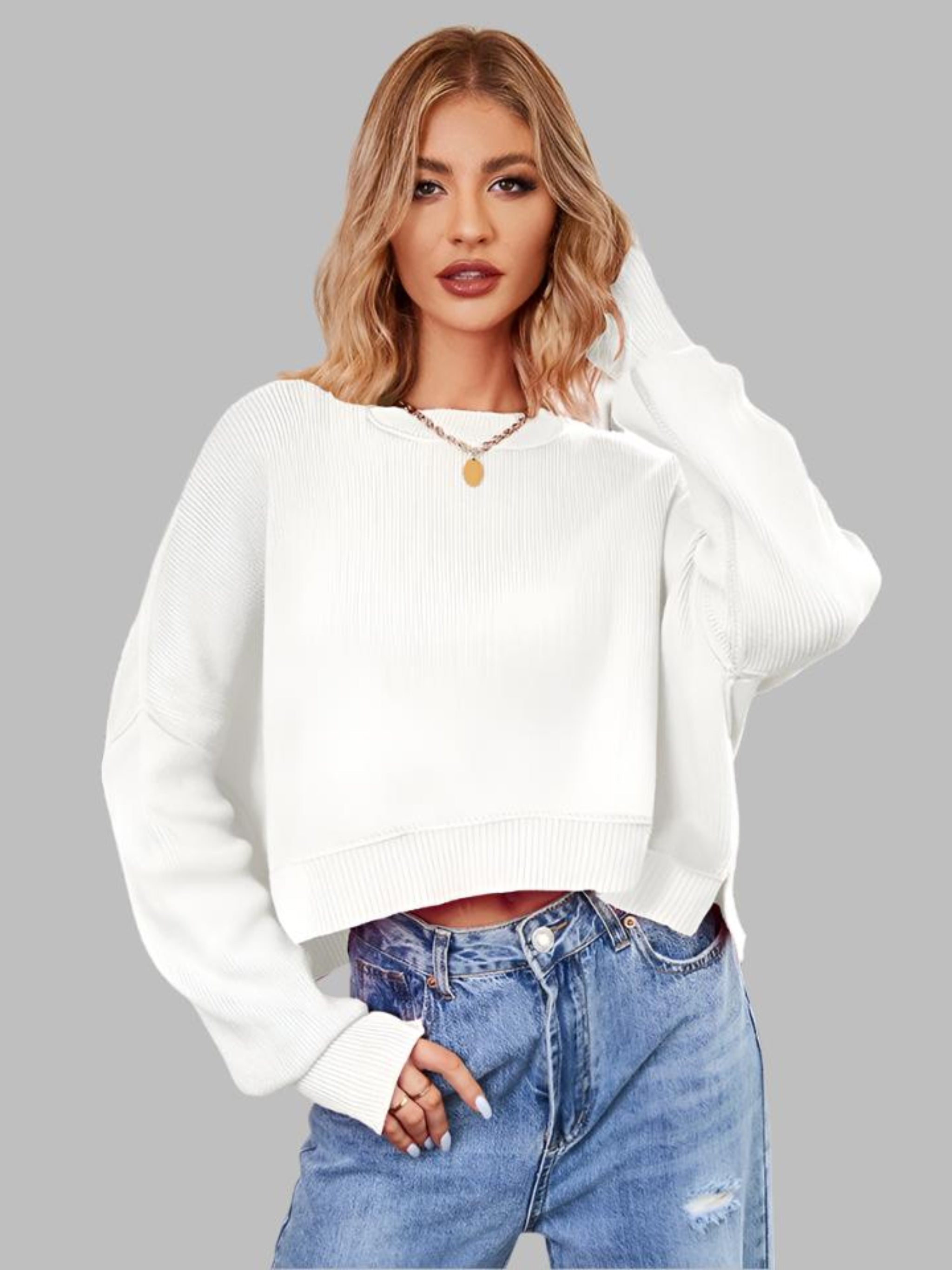 Top de punto de manga larga con cuello redondo