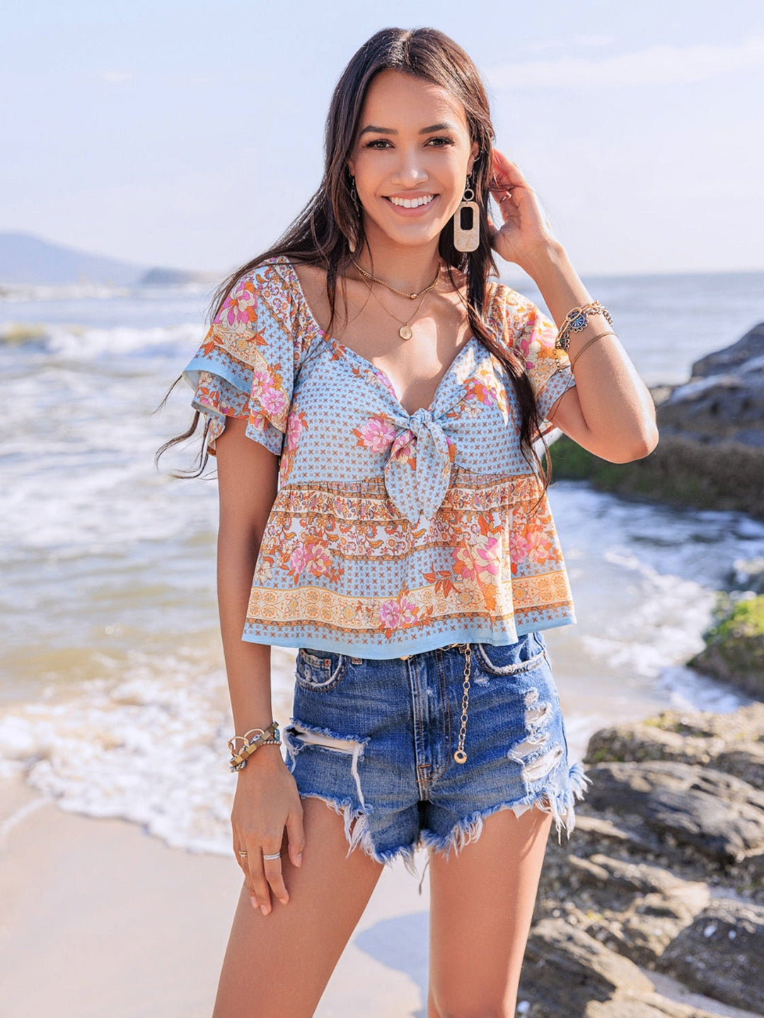 The802Gypsy-GYPSY Tops/Blouses & Shirts Watermelon pink / S GYPSY - Sweetheart Neck Short Sleeve Blouse